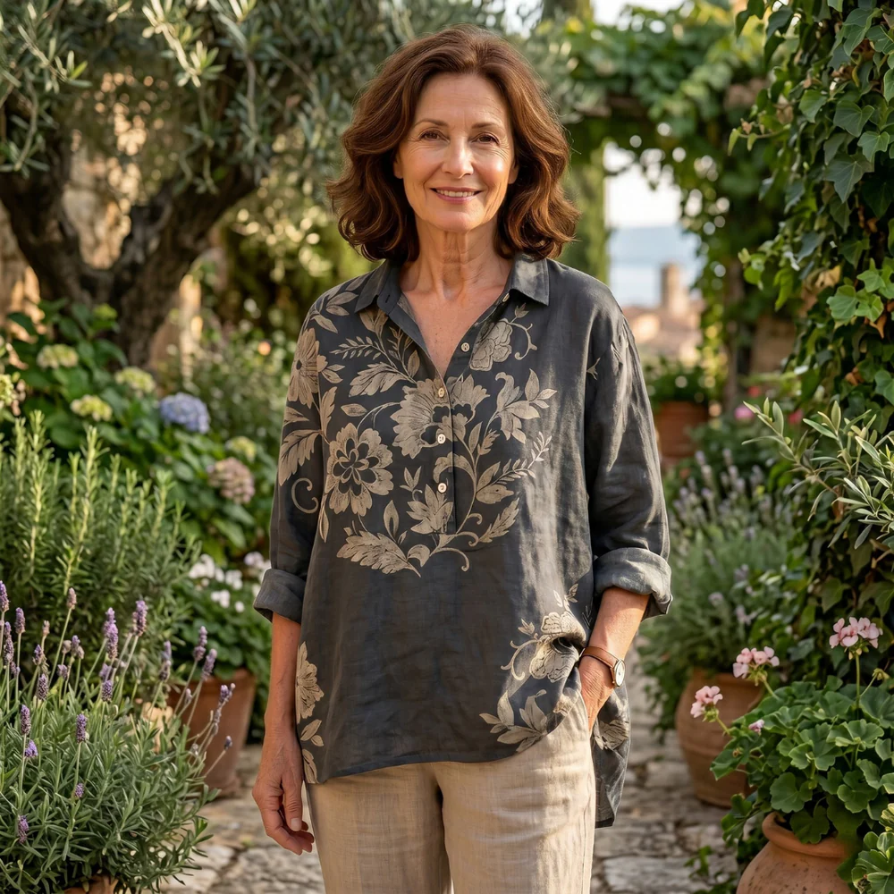 BLUSA ELEGANTE IN LINO CON STAMPA FLOREALE